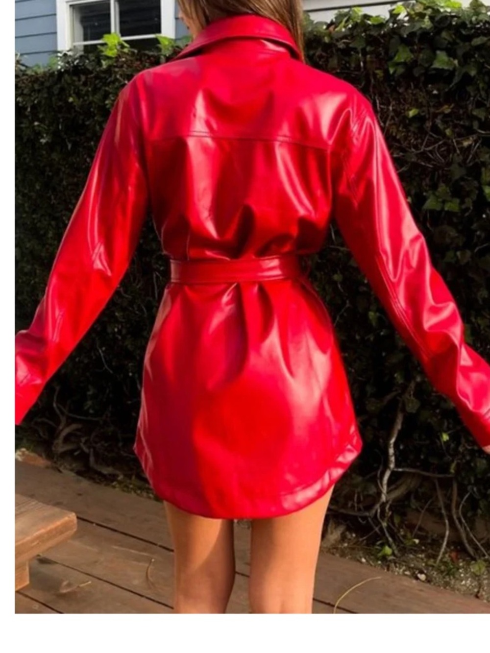 Black Label by Cest Toi - Unisex Red Faux Leather Belted Shirt Jacket